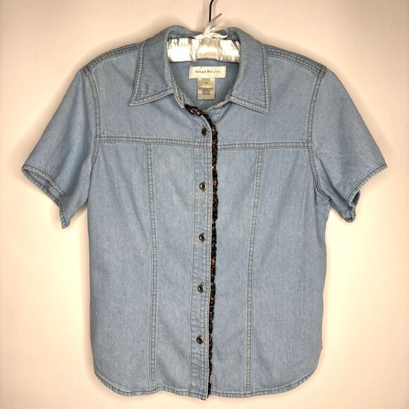 Susan Bristol Vintage Denim Shirt Women Med Floral Embellished Cotton Button - Picture 1 of 10